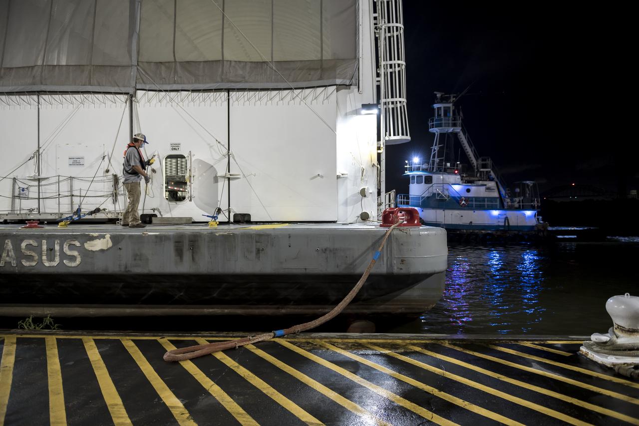 These images show NASA’s Pegasus barge at NASA’s Michoud Assembly Facility in New Orleans as it transported the Artemis I launch vehicle stage adapter (LVSA) of the agency’s Space Launch System rocket to NASA’s Kennedy Space Center in Florida. Leaving with the adapter from NASA’s Marshall Space Flight Center in Huntsville, Alabama, Pegasus made a brief stop at Michoud to offload supplies and equipment before continuing its to Kennedy. The LVSA connects the deep space rocket’s 212-foot-tall core stage to the rocket’s upper stage and will be used for Artemis I, the first in a series of increasingly complex missions to the Moon through NASA’s Artemis program. Once at Kennedy, the LVSA will undergo Artemis I launch preparations. Only the SLS core stage, currently in final testing at NASA’s Stennis Space Center near Bay St. Louis, Mississippi, remains to be shipped to Kennedy on Pegasus. The core stage is produced at Michoud.   Together with four RS-25 engines, the rocket’s massive 212-foot-tall core stage — the largest stage NASA has ever built — and its twin solid rocket boosters produce 8.8 million pounds of thrust to send NASA’s Orion spacecraft, astronauts and supplies beyond Earth’s orbit to the Moon. Offering more payload mass, volume capacity and energy to speed missions through space, the SLS rocket, along with NASA’s Gateway in lunar orbit, the Human Landing System and Orion, is part of NASA’s backbone for deep space exploration and the Artemis lunar program. No other rocket is capable of carrying astronauts in Orion around the Moon in a single mission.